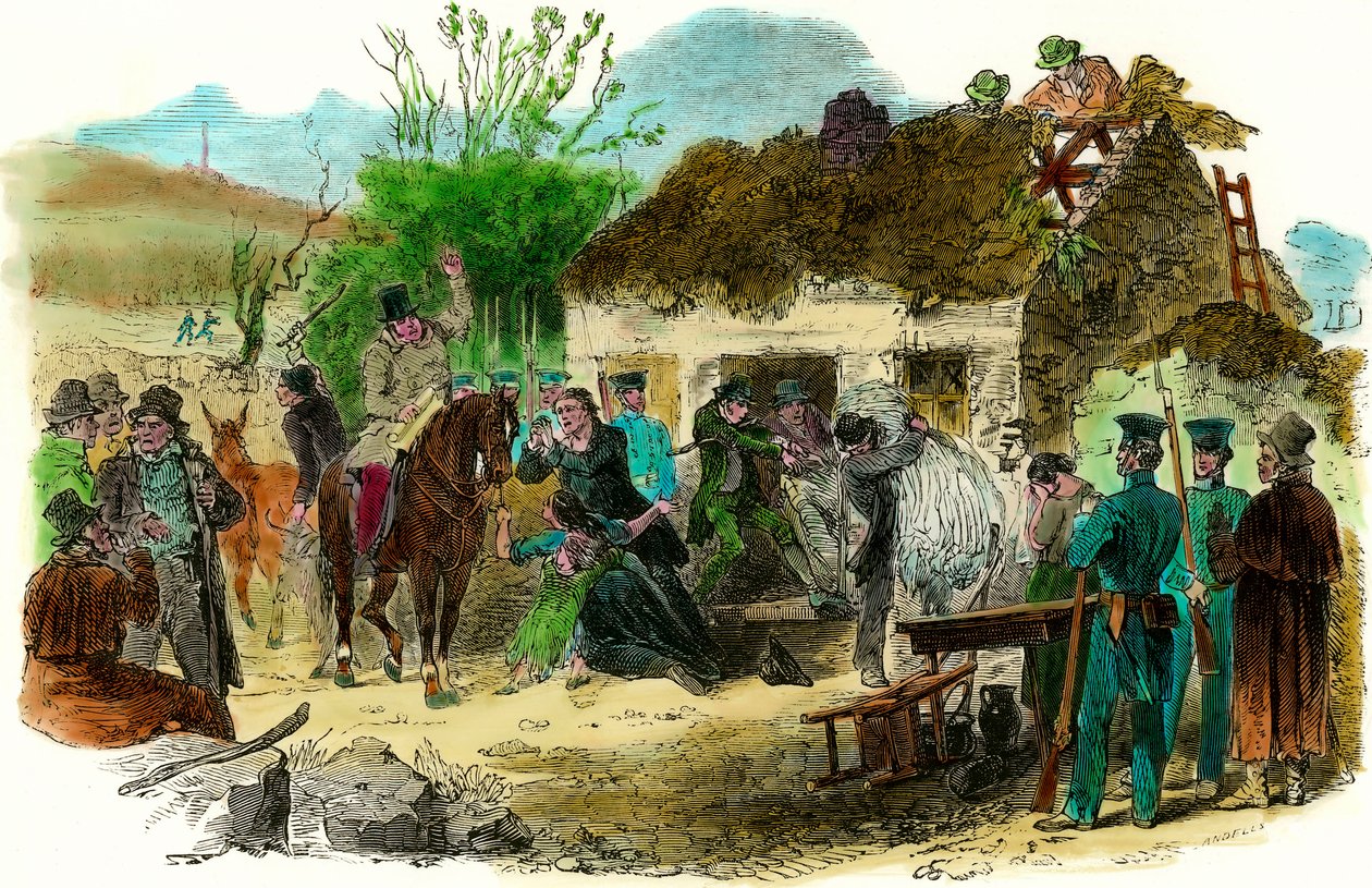 Sosiale forhold i Irland i 1848 utvisning av bønder (illustrasjon london news av 16. desember 1848) av English School