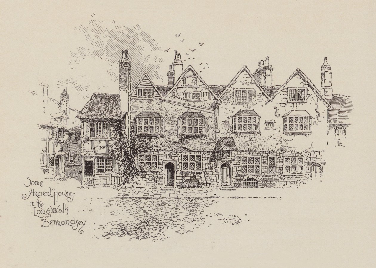 Noen gamle hus i Long Walk Bermondsey (litografi) av English School