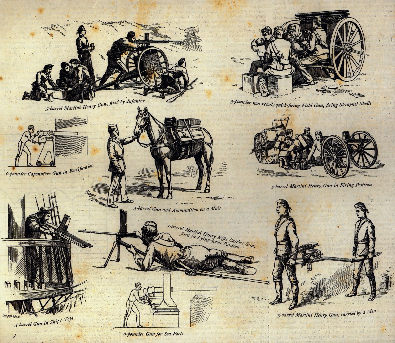 Noen varianter av Nordenfelt-pistolen som nå brukes i hæren og marinen, fra The Graphic, 10. april 1886 av English School