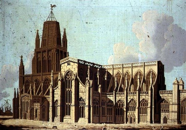 Sørøstutsikt over St. Mary Redcliffe Church i Bristol, ca. 1800 (olje på lerret) av English School