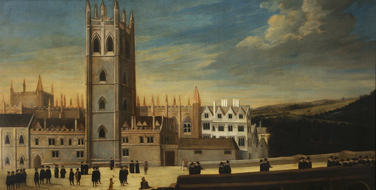 Sørfronten av Magdalen med tallrike figurer i forgrunnen, ca. 1650 av English School