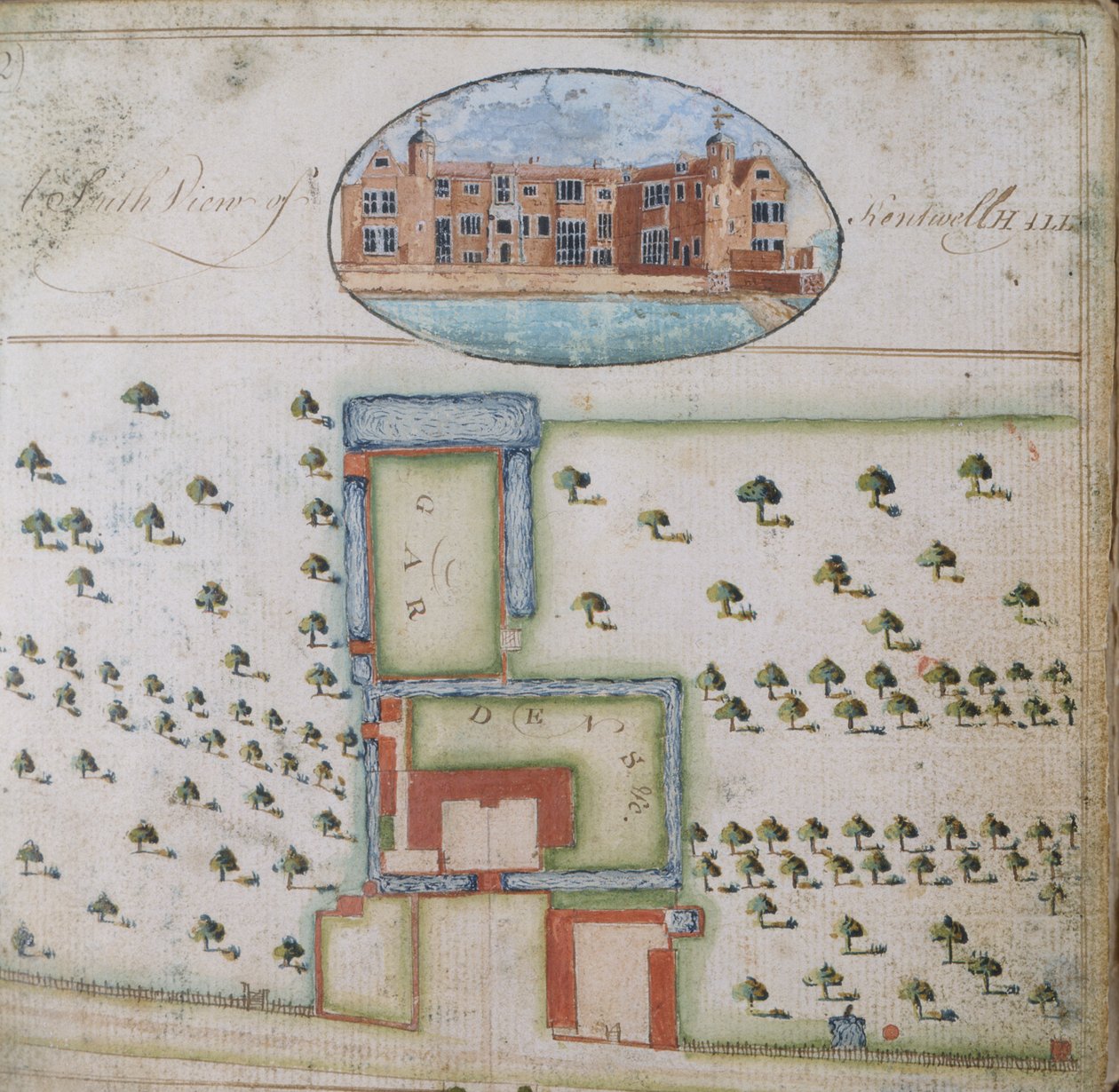 South View of Kentwell Hall, fra Survey of the Estate of Richard Moore, Esq. Kentwell Hall, Suffolk, 1777 (penn og blekk og gouache på papir) av English School