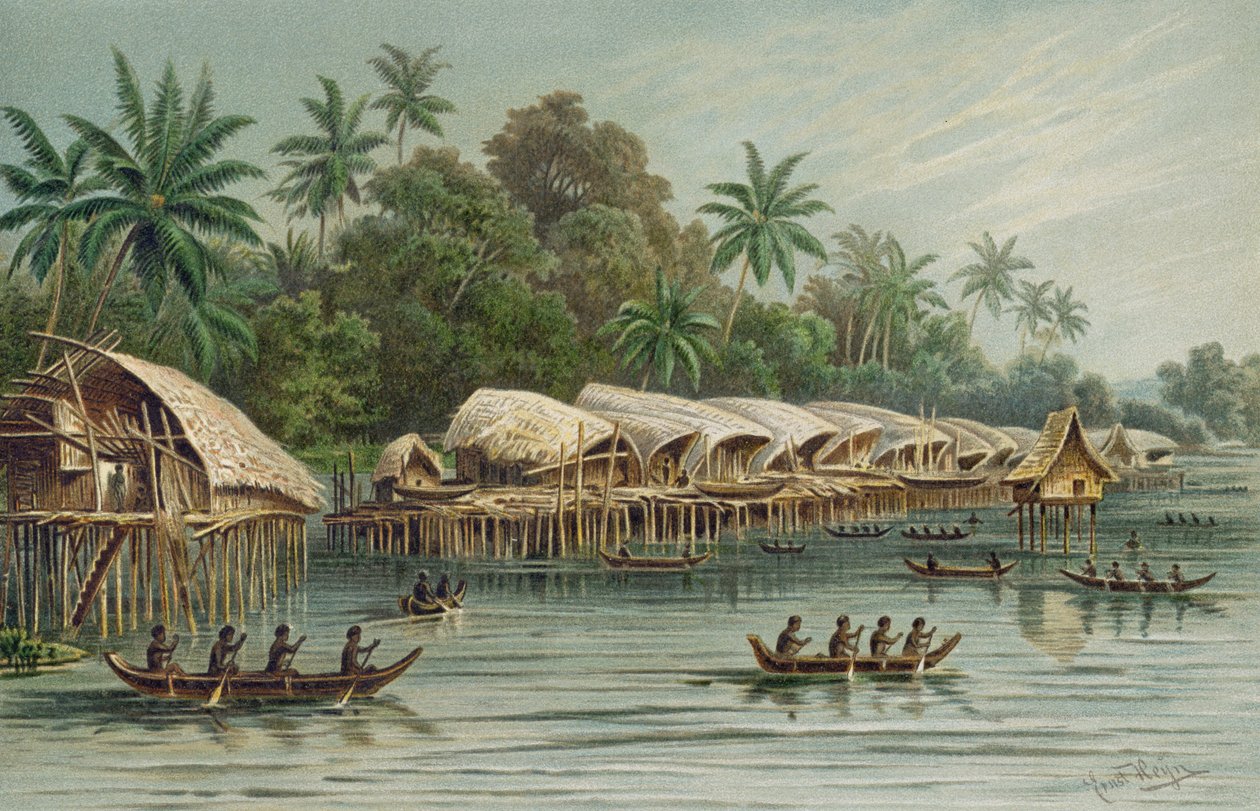 Sowek, en Pile-landsby på nordkysten av New Guinea, fra The History of Mankind, Vol.1, av Prof. Friedrich Ratzel, 1896 av English School