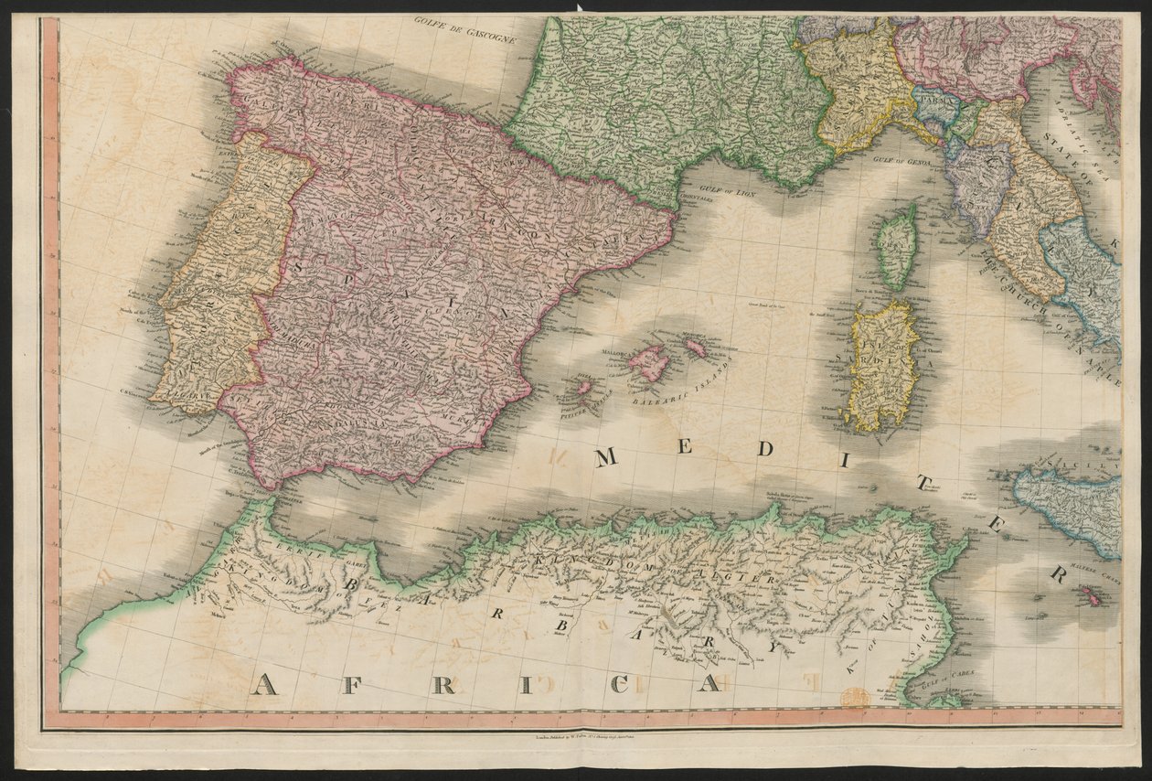 Spania og Portugal, fra Europa, som beskriver alle endringene i territoriet, sammen med deres avvik i grenselinjene til dets flere imperier og stater som ble enige om og bekreftet av den definitive Paris-traktaten, 20. november 1815, publisert 1816 (colo av English School