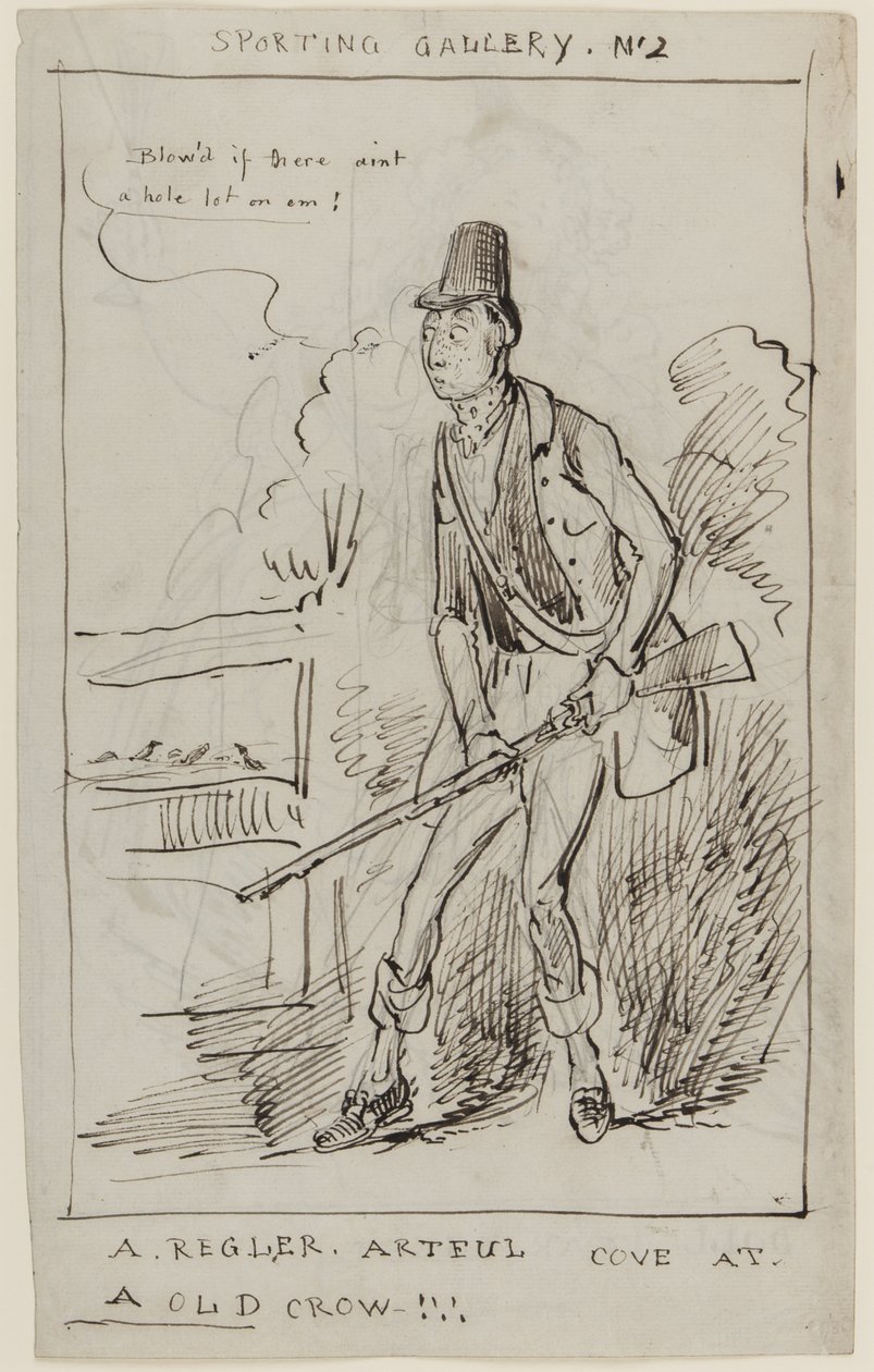 Sportsgalleri nr. 2, A Regler, Artful Cove at a Old Crow, ca. 1825 (penn og blekk på papir) av English School