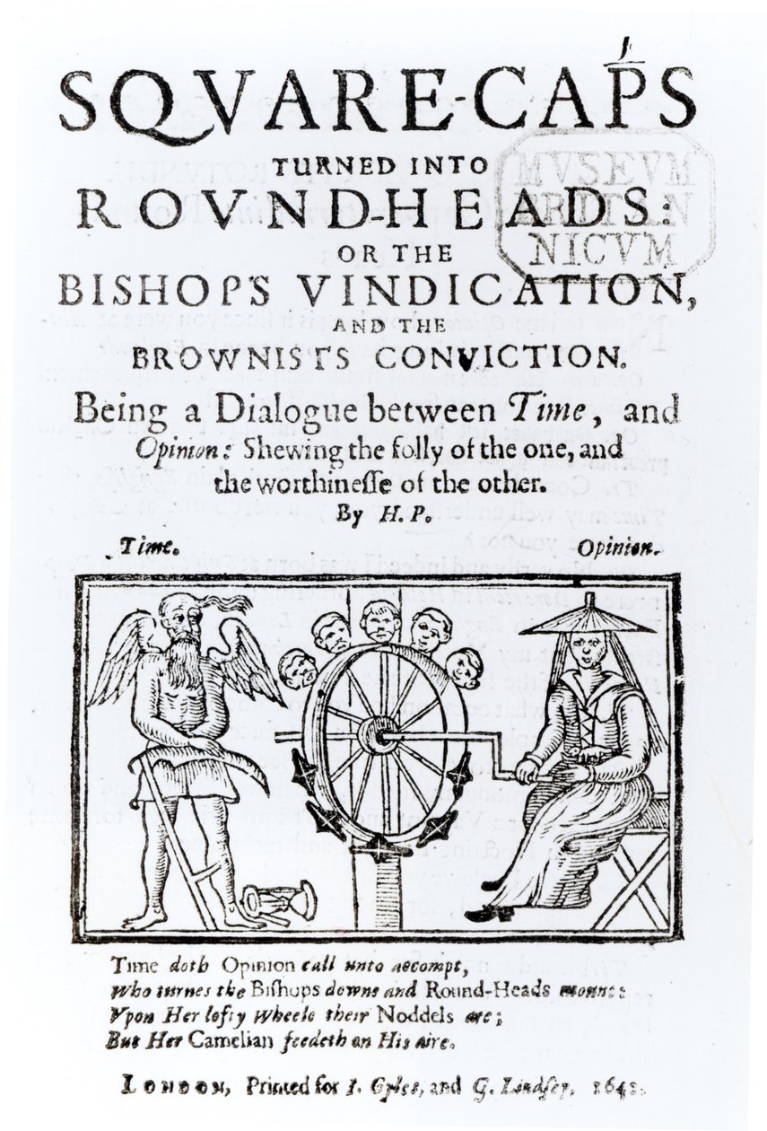 Square-Caps omgjort til Round Heads, 1642 av English School