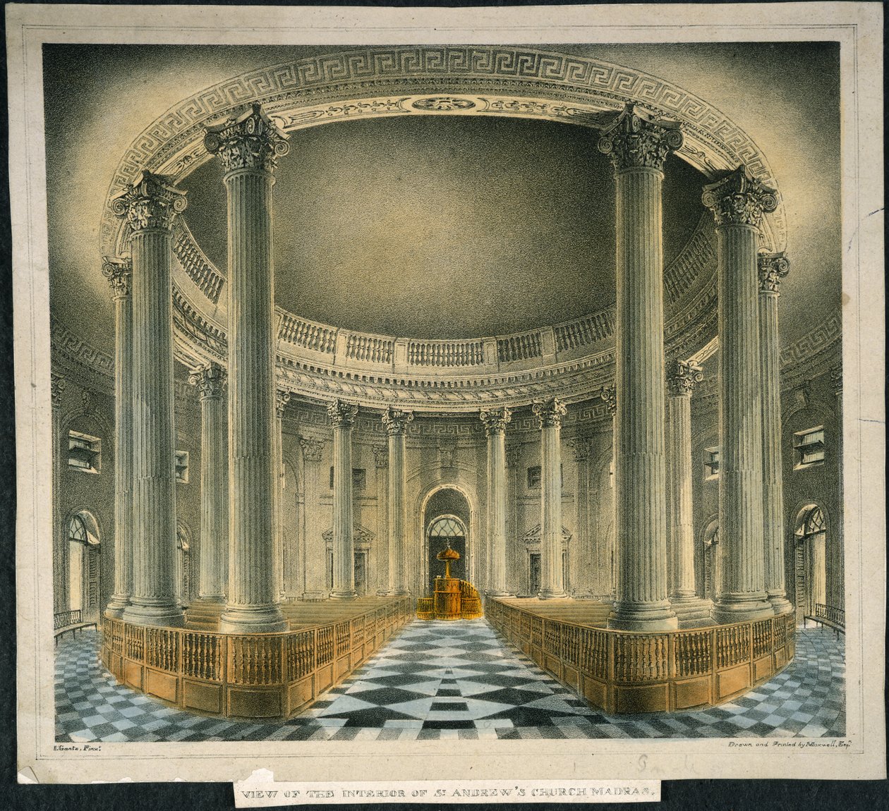 St. Andrews kirke, Madras, ca. 1825 (farge litho) av English School