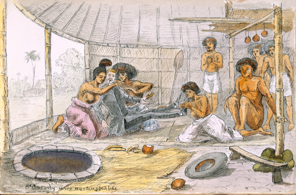 St. Anthony ble aldri fristet som..., fra Ye Pilgrimage of ye Revnd. Simpleheart, Adventures of a naiv missionary in the South Seas, ca. 1880 (penn og wc på papir) av English School