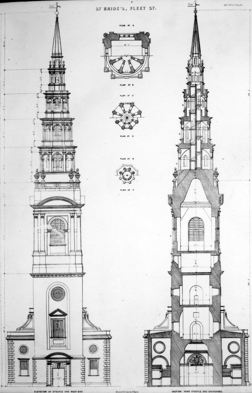 St. Brides, Fleet Street, Elevation of the West End, 1800-tallet av English School