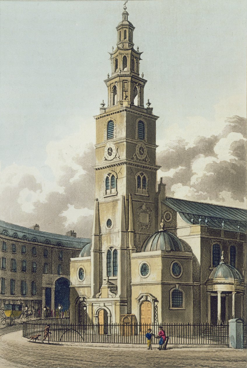 St. Clement Danes kirke, pub. av Rudolph Ackermann (1764-1834) 1816 (akvatint) av English School