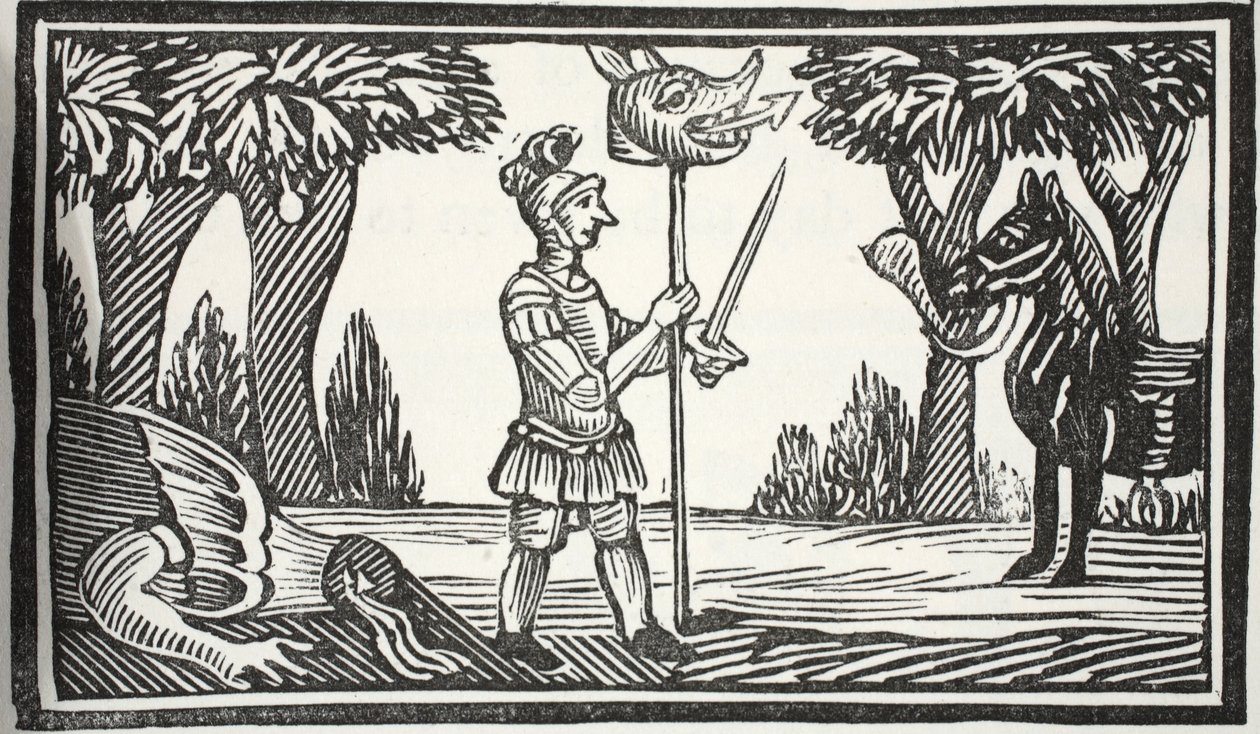 St George with the Dragons head, illustrasjon fra Chap-books of the Eighteenth Century av John Ashton, pub. 1882 av English School