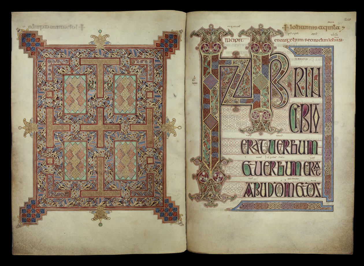 Johannesevangeliet; Teppeside og Incipit-side, Cotton Nero D. IV, f.210v og f.211r fra Lindisfarne-evangeliene, 710–721 (vellum) av English School