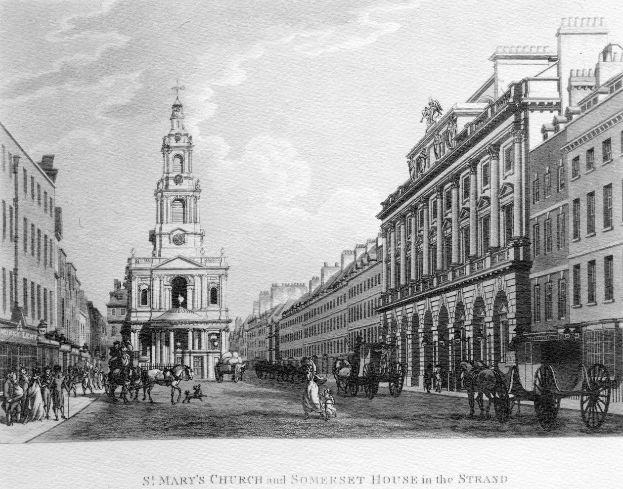 St. Marys kirke og Somerset House i Strand, 1796 av English School