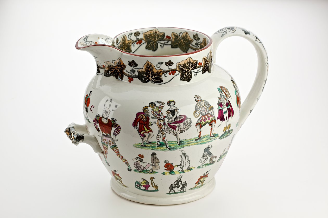 Staffordshire-kanne dekorert med Harlekin-figurer og karneval-tema, 1866 (jernstein Kina) av English School