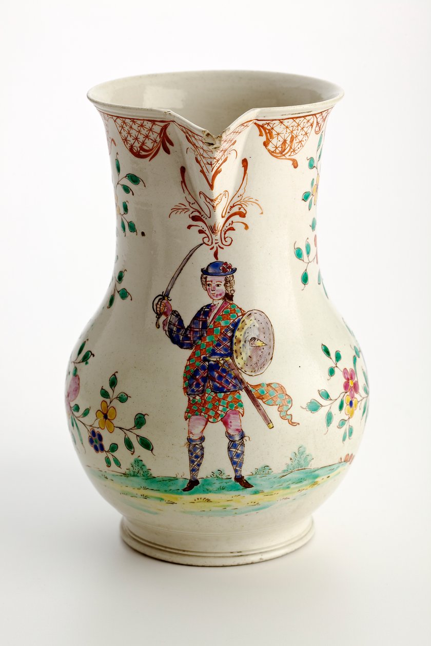 Staffordshire-kanne dekorert med figur i Highland-drakt, 1755 (saltglasert lertøy) av English School