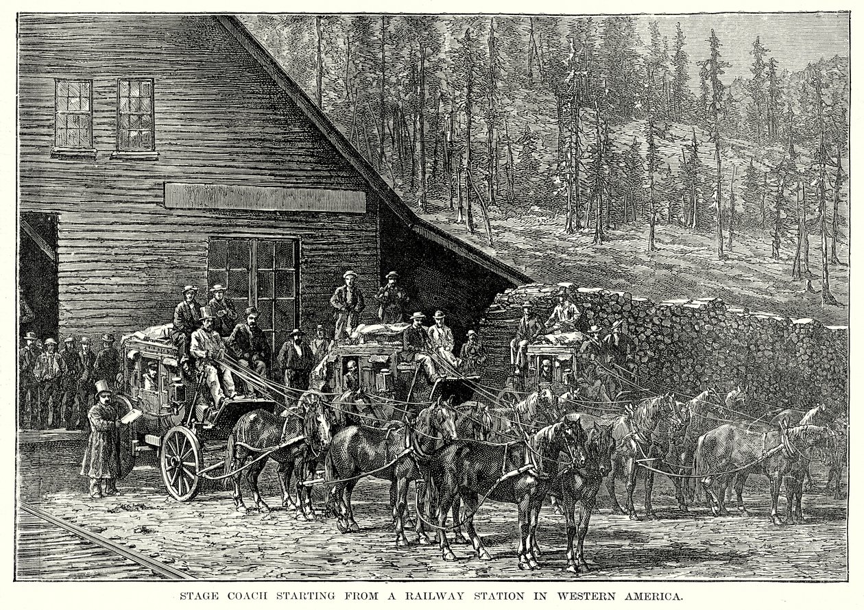 Stagecoach som starter fra en jernbanestasjon i Vest-Amerika (gravering) av English School