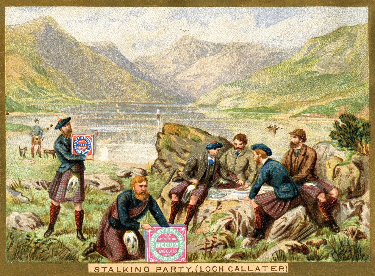 Stalking Party, Loch Callater, et kampanjekort for Huntley & Palmers Biscuits, ca. 1890 (farge litho av English School