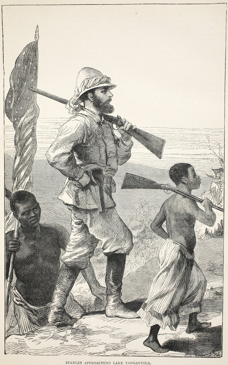 Stanley nærmer Tanganyikasjøen, illustrasjon fra The Pictorial Edition of the Life and Discoveries of David Livingstone av J. Ewing Richie, pub. av A. Fullarton & Co., 1876 av English School