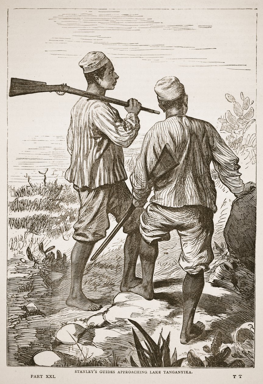 Stanleys guider som nærmer seg Tanganyikasjøen, illustrasjon fra The Pictorial Edition of the Life and Discoveries of David Livingstone av J. Ewing Richie, pub. av A. Fullarton & Co., 1876 av English School