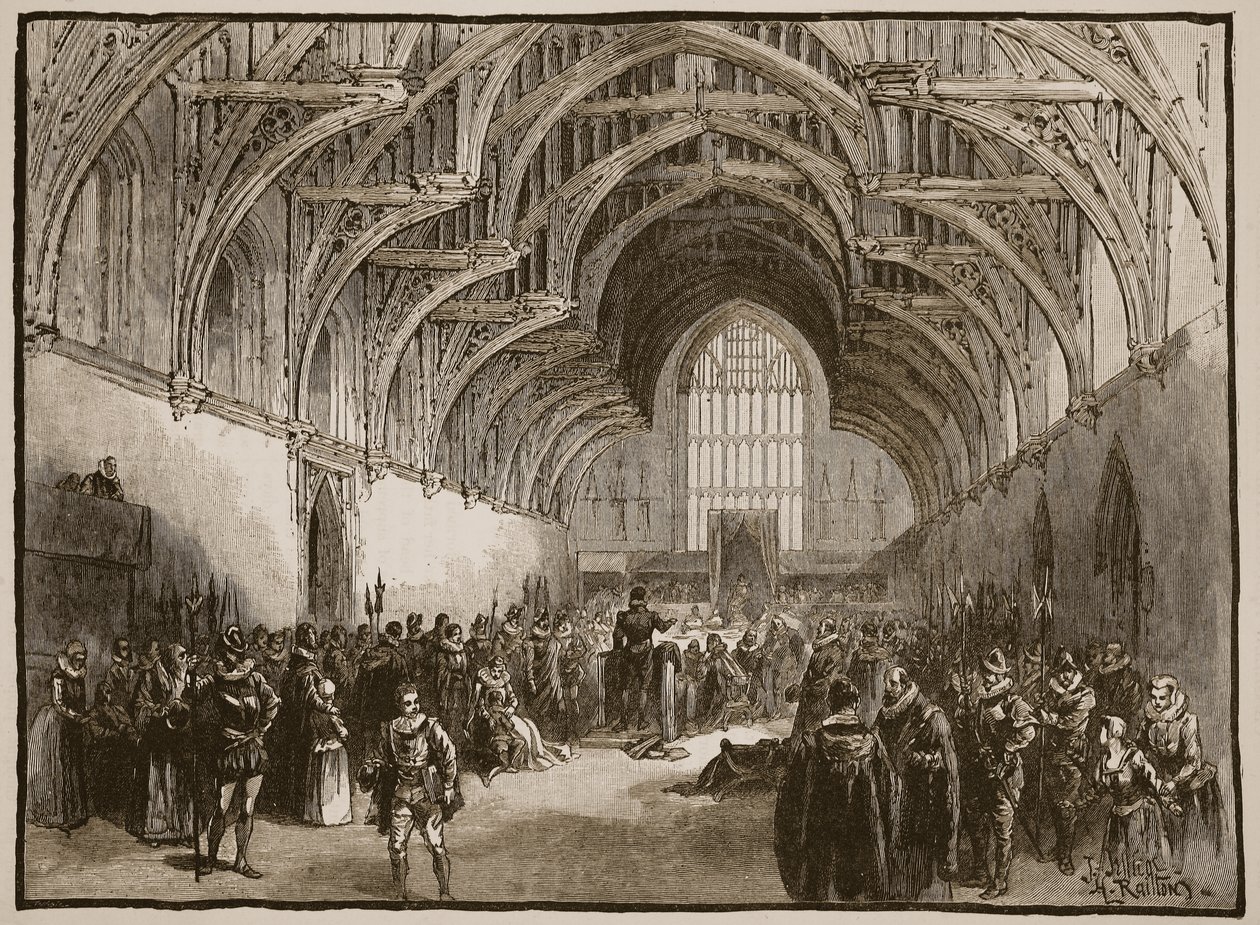 Statsrettssak i Westminster Hall i Elizabeths tid, illustrasjon fra Cassells Illustrated History of England av English School
