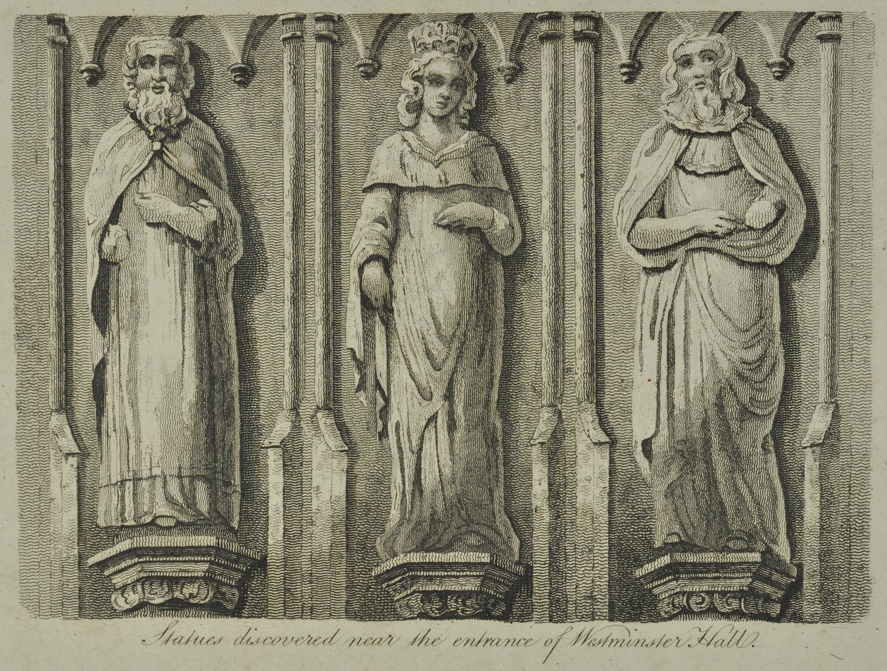Statuer oppdaget nær inngangen til Westminster Hall, 1807 av English School