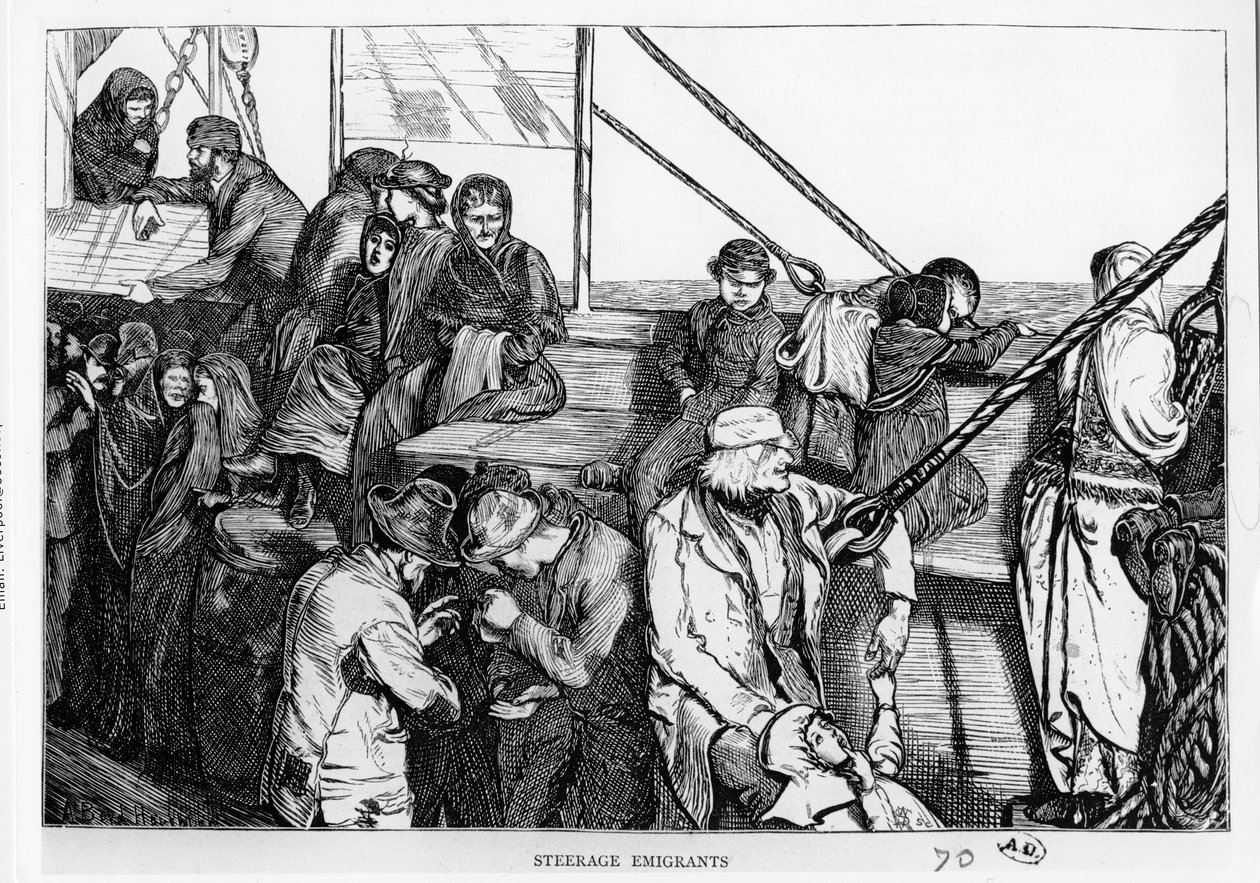 Steerage Emigrants på dekket av et passasjerskip fra Europa til den nye verden, ca. 1870 av English School