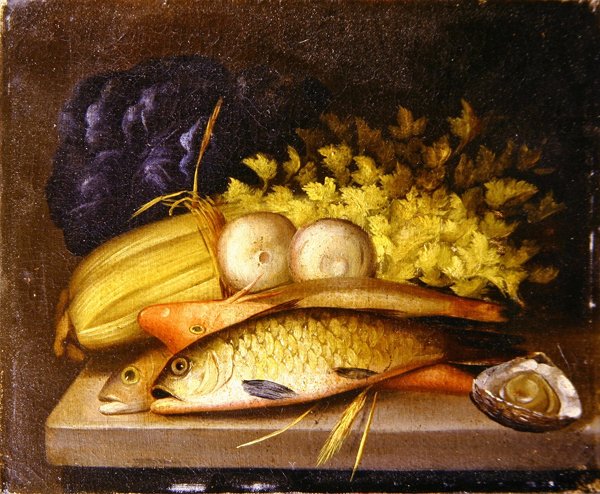 Stilleben av fisk, ca. 1840 (olje på lerret) av English School