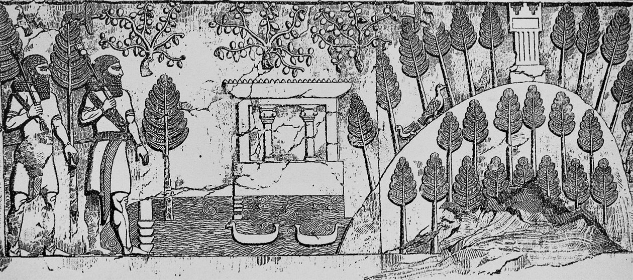 Steinrelieff av et tempel og en kunstig ås i parken Sargon II i Khorsabad, ca. 715 f.Kr. av English School