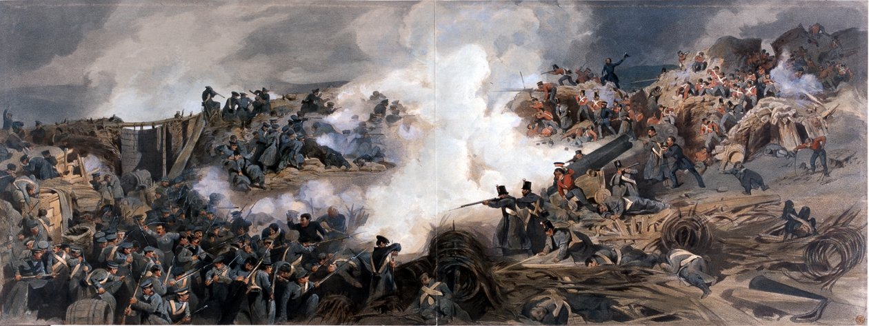 Storming of the Great Redan, Sebastopol, 1855, fra The Officers Portfolio of the Striking Reminiscences of the War fra tegninger, fotografier og notater, tatt på stedet, gjort til komplette bilder av English School