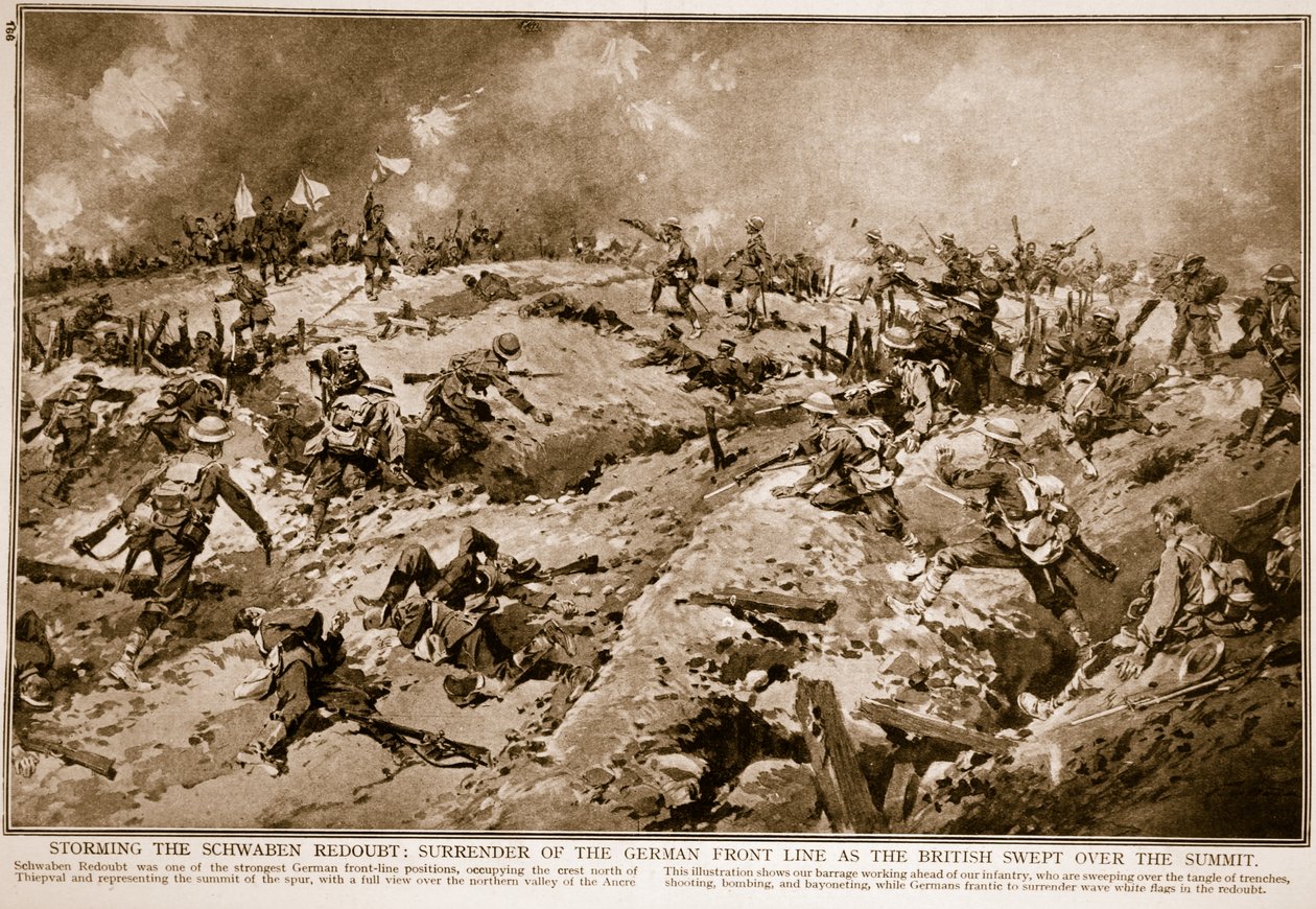 Storming av Schwaben Redoubt: overgivelse av den tyske frontlinjen da britene feide over toppen, 1914-19 av English School