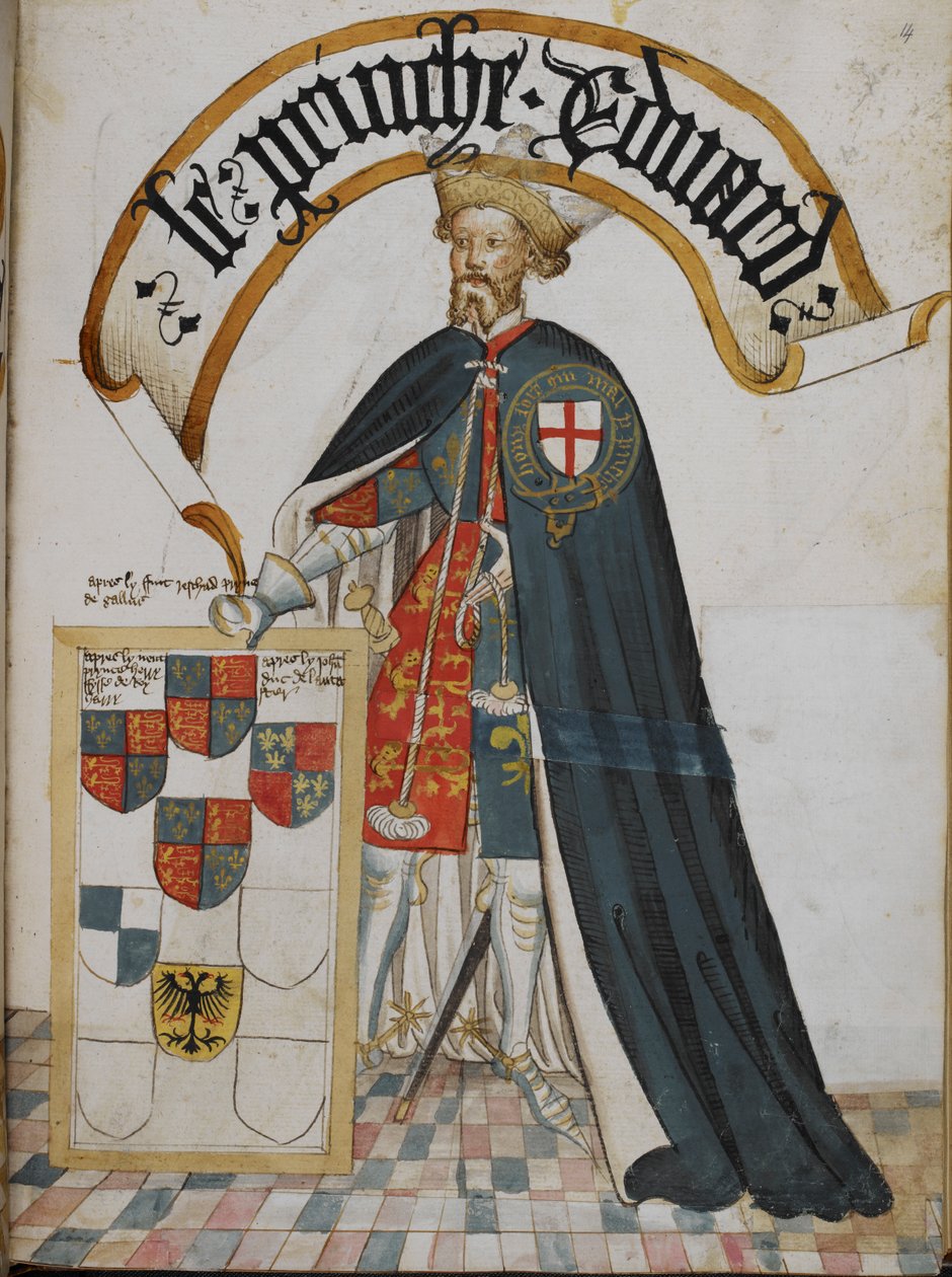Stowe 594, f.14 Portrett av Edward, Prince of Wales [den svarte prinsen], en riddergrunnlegger av strømpebåndsordenen, fra 