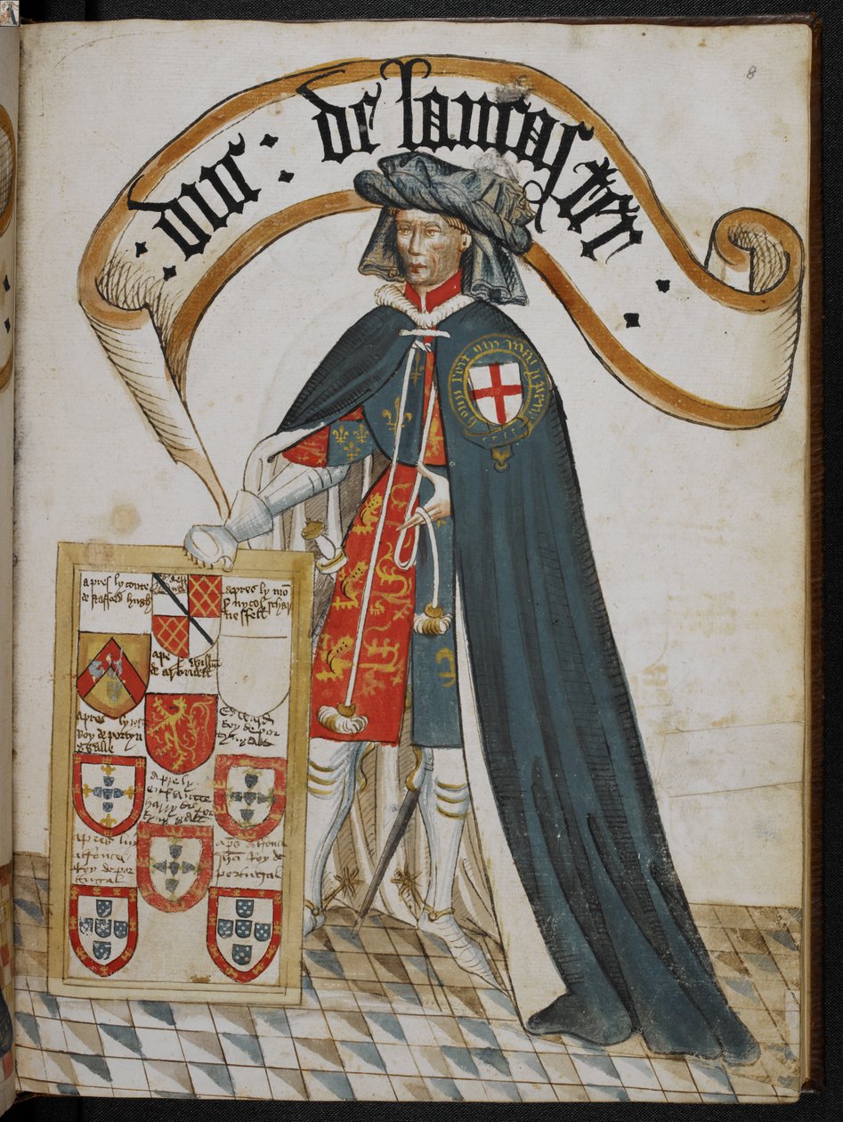 Stowe 594 f.8, Portrett av Henry, hertugen av Lancaster, en riddergrunnlegger av strømpebåndsordenen, illustrasjon fra 