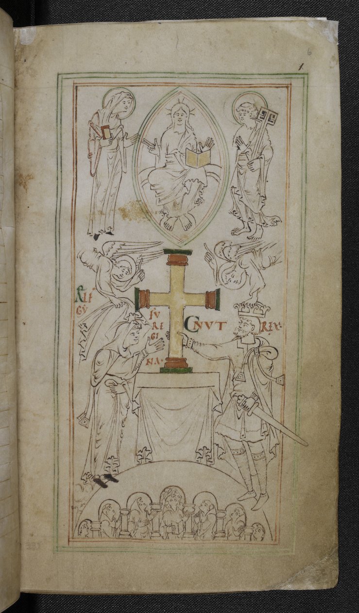 Stowe 944 f.6 King Cnut and his Queen, Aelfgyfu, presenting a cross upon the altar of the New Minster, 