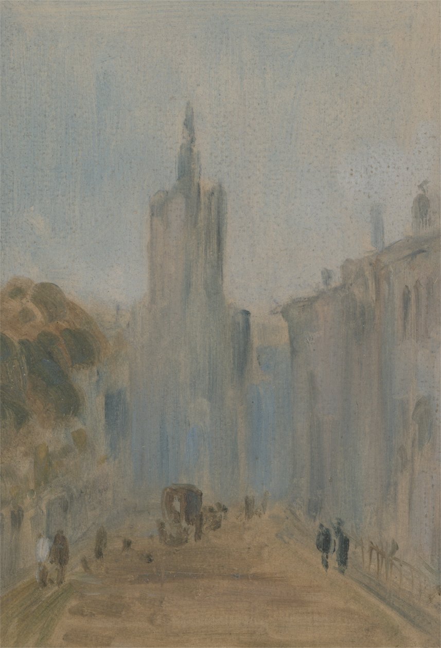 Gate med kirke og figurer tidligere tilskrevet JMW Turner (1775-1851) og også tilskrevet Peter de Wint (1784-1849), 1822-25 (olje på papir) av English School