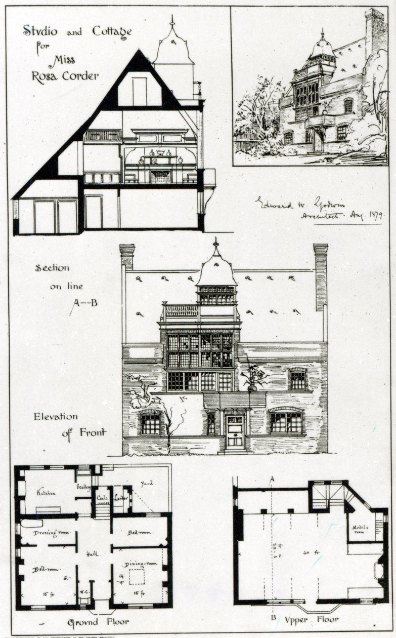 Studio og hytte for Miss Rosa Corder, fra The British Architect, 3. oktober 1879 av English School