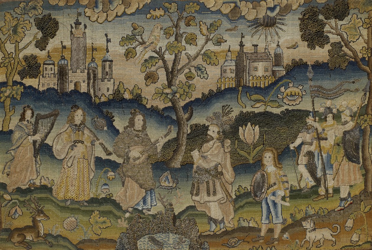Stubbearbeid med Scene of Five Musicians in Garden with Tree, midten av 1600-tallet (stoff) av English School