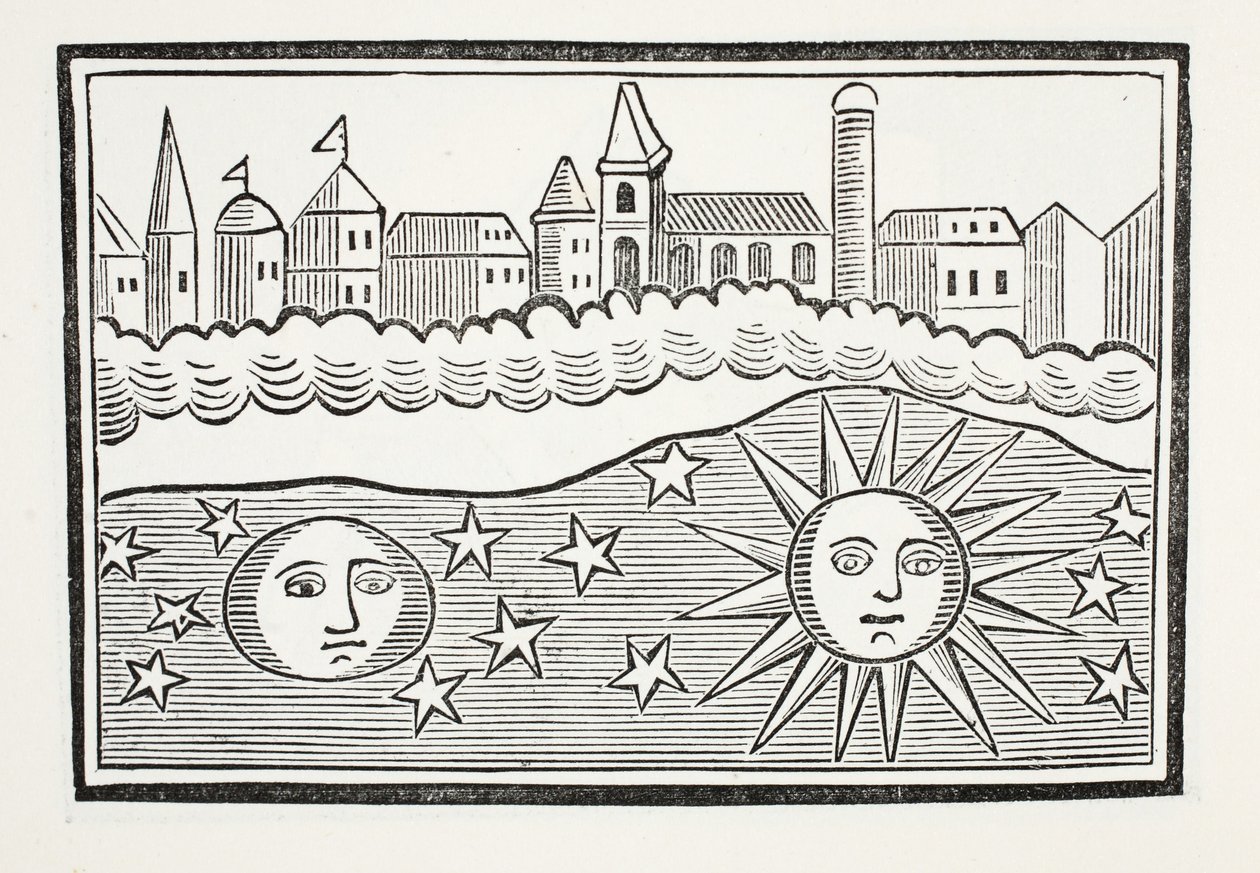 Sun, Moon, Stars and Earth Transposed, illustrasjon fra Chap-books of the Eighteenth Century av John Ashton, pub. 1882 av English School