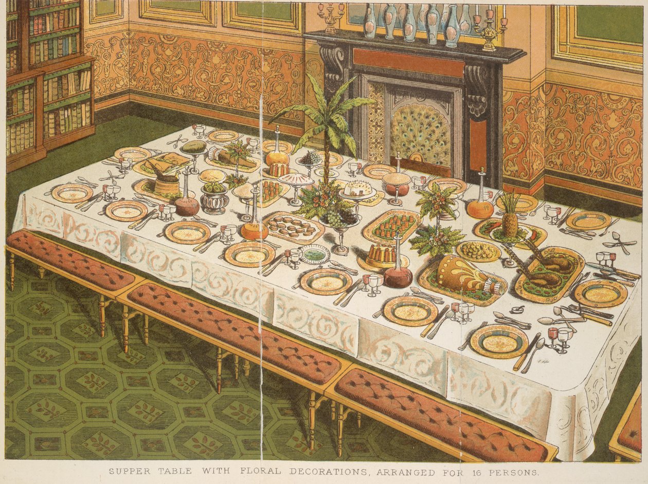Nattverdsbord med blomsterdekorasjoner, arrangert for 16 personer, fra 