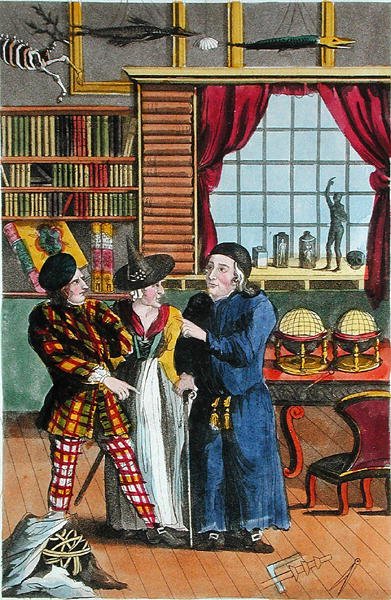 Swaney Cunninghams eventyr med astrologen, illustrasjon fra "Lives and Adventures of the Most Celebrated Highwaymen and Street Robbers..." publisert i 1822 (lito i farger) av English School