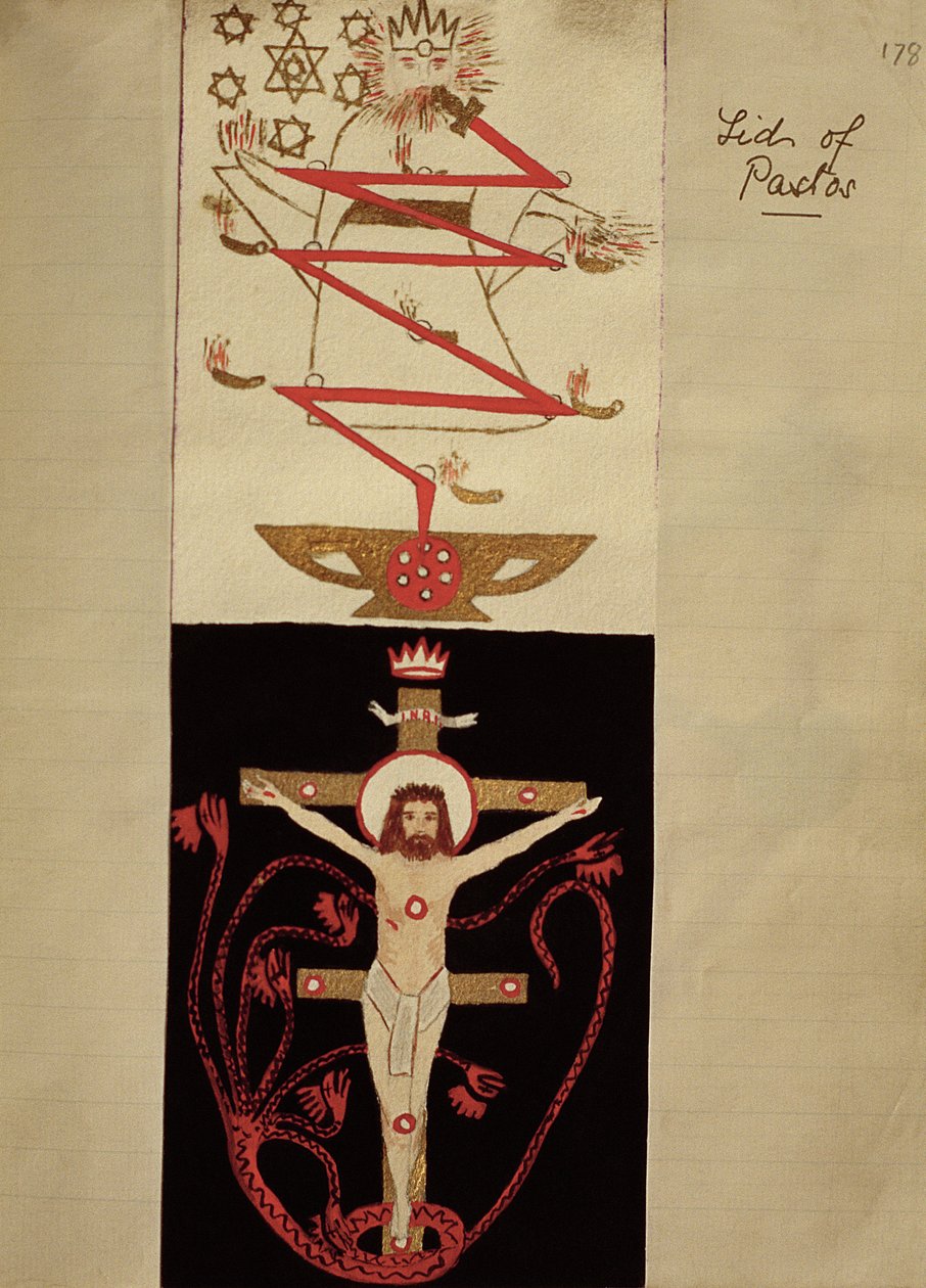 Symbolske design på lokket til Pastos i hvelvet til adeptene, ca. 1895 (farget blekk på papir) av English School