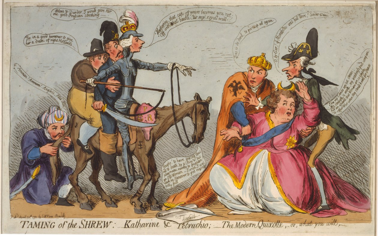 Temming av spissmusen: Katharine og Petruchio; Den moderne Quixotte, eller, hva du vil, 1791 (håndfarget etsning) av English School