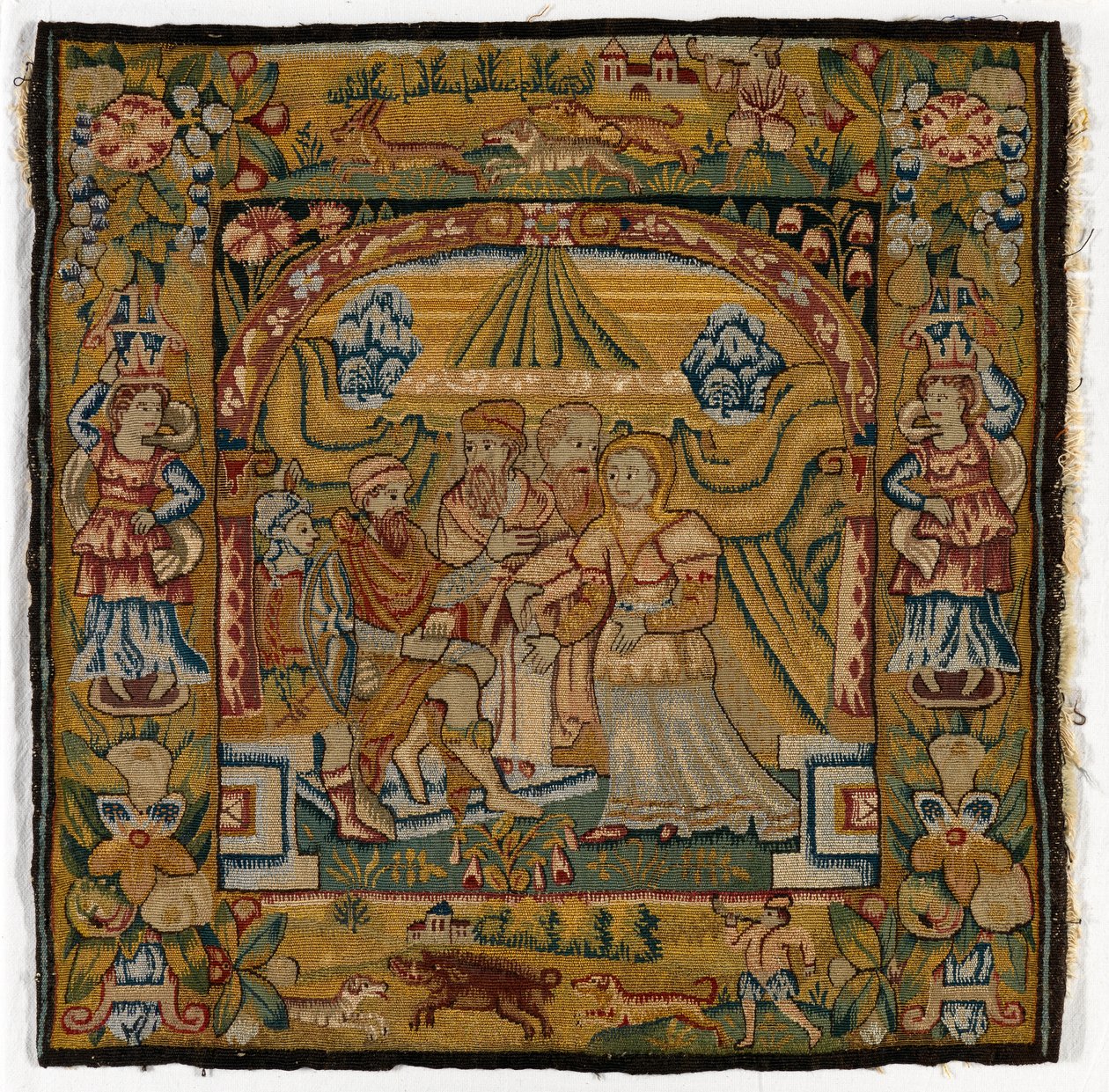 Putetrekk av billedvev som viser Susannah før dommeren, laget i Sheldon, England, etter 1600 (ull) av English School