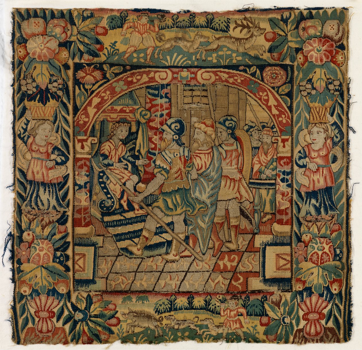 Putetrekk av billedvev som viser The Elders før Daniel, laget i Sheldon, England, etter 1600 (ull) av English School