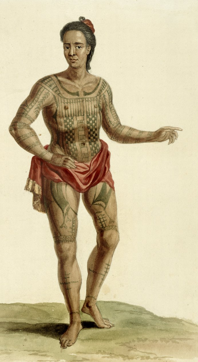 Tatoveret hawaiisk kriger, 1824 av English School