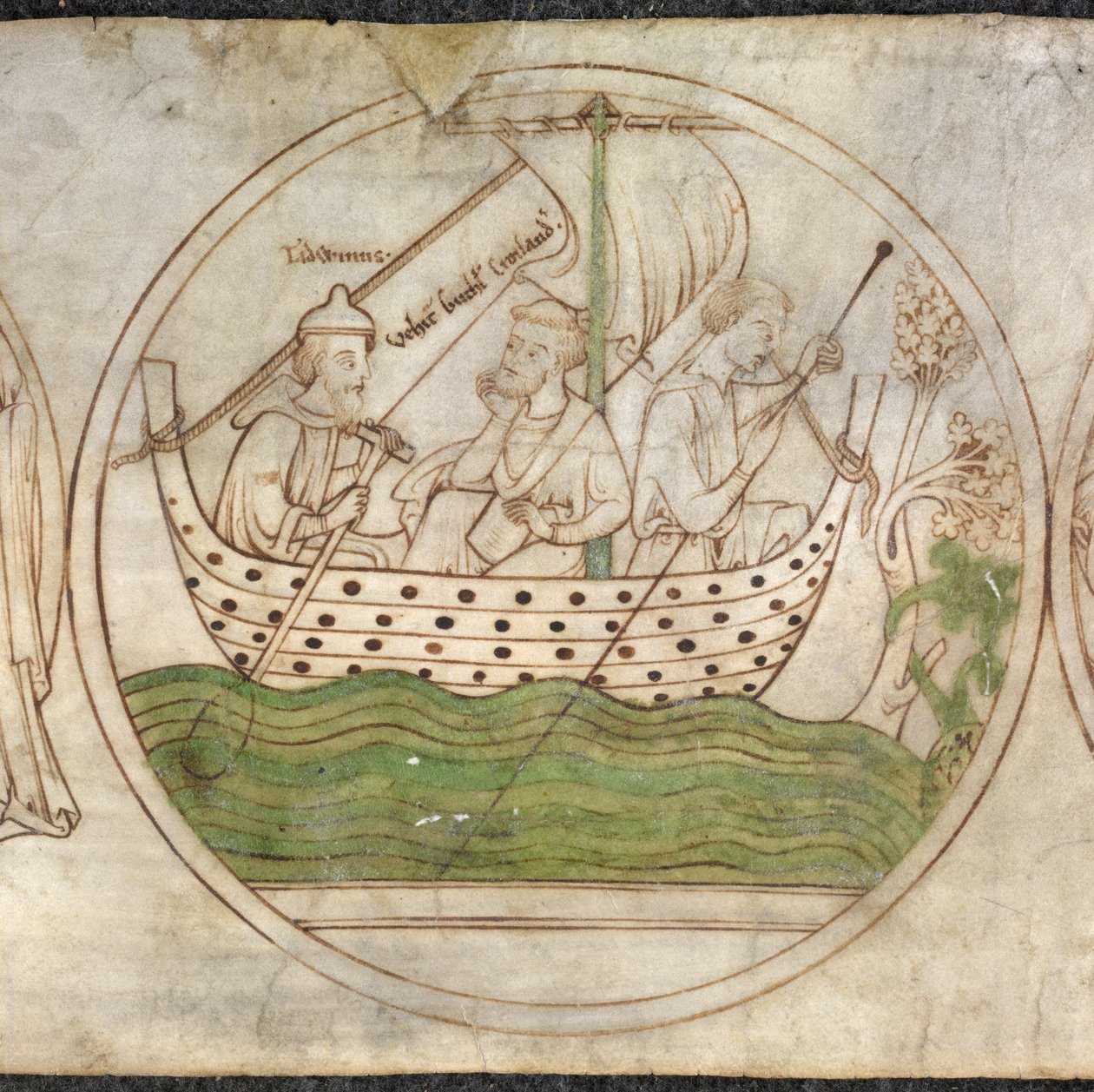 Tatwin formidler Guthlac med båt til Crowland, fra 'Guthlac Roll' c.1210 (vellum) av English School