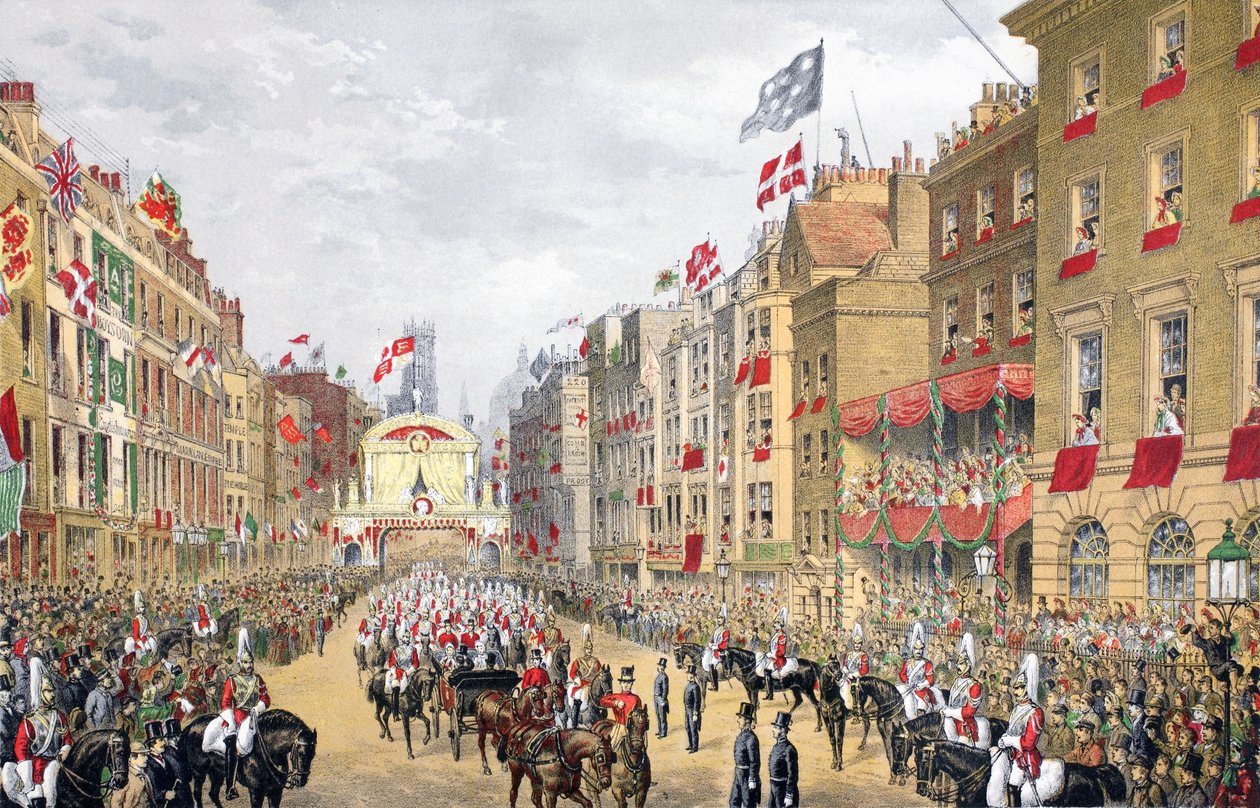 Temple Bar, 7. mars 1863, fra A Memorial of the Marriage of Edward VII and Alexandra of Denmark, pub. 1864 av English School