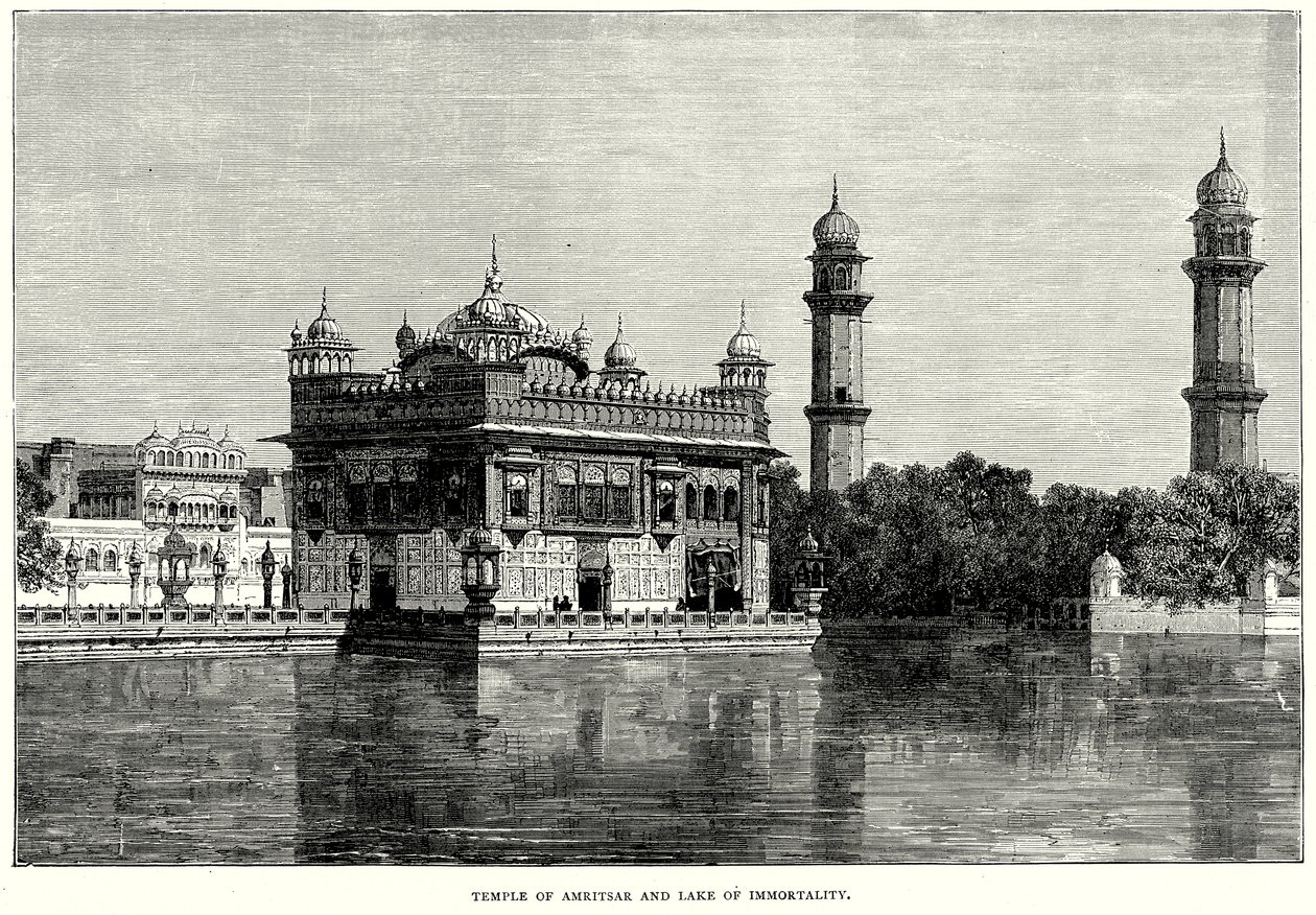 Amritsar-tempelet og udødelighetssjøen (gravering) av English School