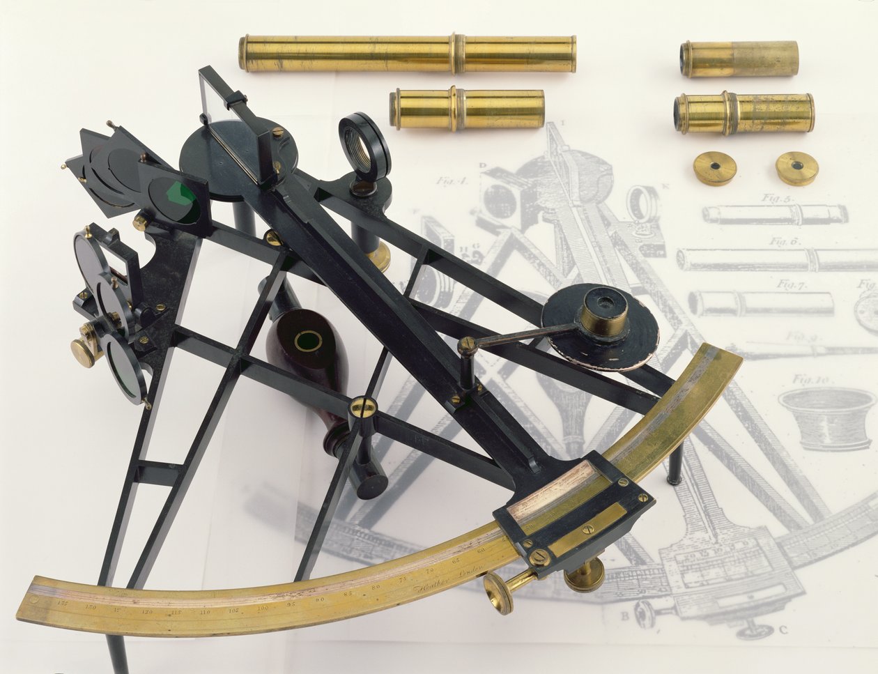 Ten Inch Sextant, sannsynligvis av George Adams (1750-95), signert av forhandleren William Healer (1763-1815) (messing med original oksidert finish) av English School