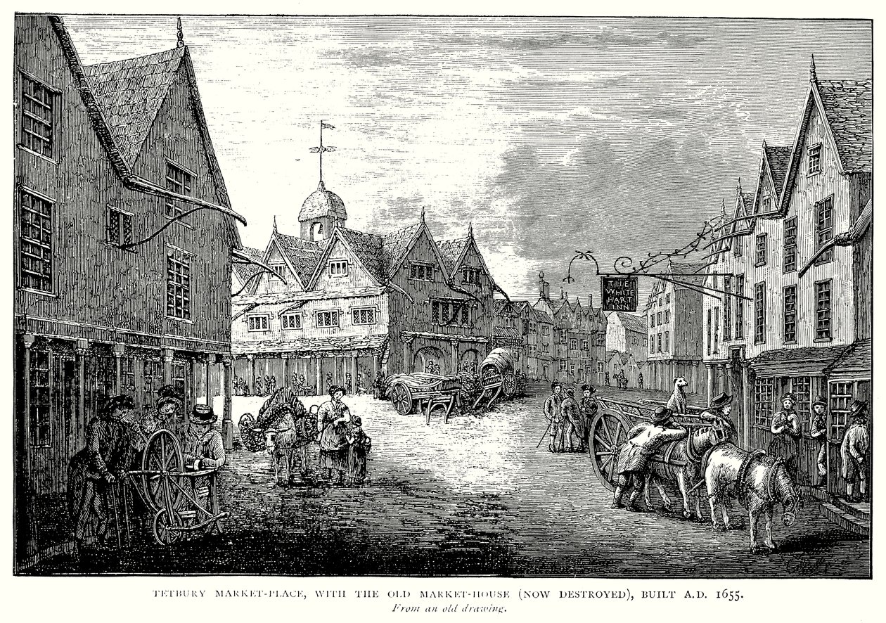 Tetbury Market-Place, med det gamle markedshuset (nå ødelagt), bygget i 1655 e.Kr. (gravering) av English School