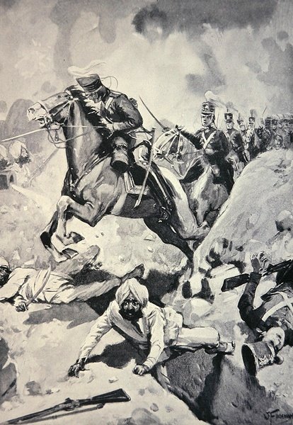 Thackwell leder 3rd Light Dragoons gjennom Sikh Earthworks, Battle of Sobraon av English School